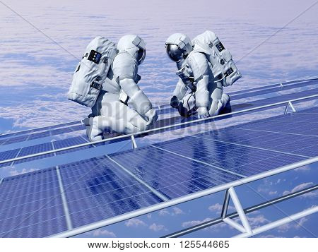 Astronauts in space around the solar battarei.