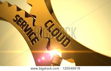 Cloud Service on Mechanism of Golden Cog Gears with Glow Effect. Cloud Service on the Mechanism of Golden Metallic Gears. Golden Gears with Cloud Service Concept. Cloud Service - Concept. 3D.
