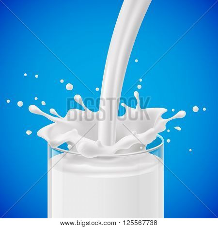 Pouring milk into glass with splashes against blue background