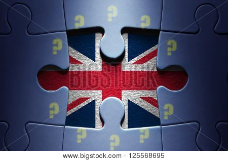 Missing jigsaw piece Brexit and European flag with question marks