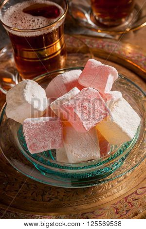 Turkish delight or rahat lokum rose and lemon flavour a Middle Eastern confectionery