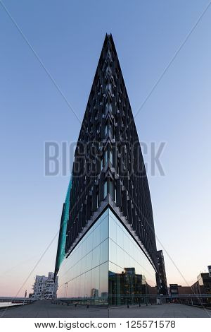 Copenhagen, Denmark - April 10, 2016: Aller media building in Havneholmen district.