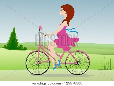 A pregnant young woman rides a Bicycle across the field. Vector illustration. Horizontal.