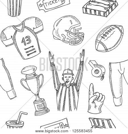 Baseball seamless pattern. Sketches of various stylized, baseball equipment, baseball icons, baseball field, ball, mitt. Hand-drawing. Vector illustration for design and packages product.