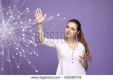 Global network concept, woman working with futuristic computer interface.