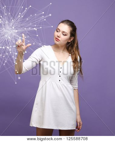 Global network concept, woman working with futuristic computer interface.