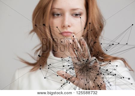 Global network connection concept, woman working with futuristic computer interface.