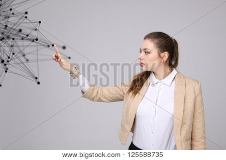 Global network connection concept, woman working with futuristic computer interface.