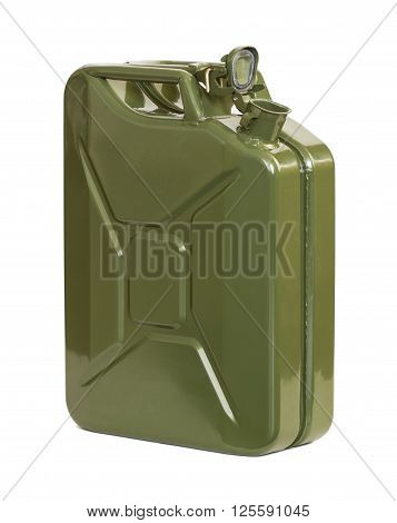 Army jerrican with open cap, isolated on white background.