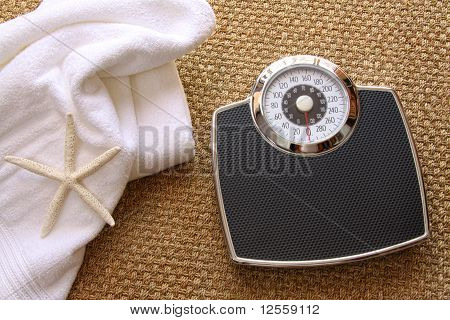 카펫에 수건으로 체중 규모