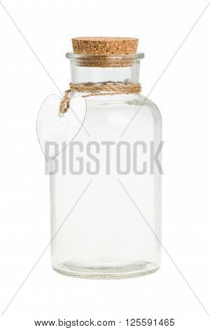 Empty vintage bottle with label and cork isolated on white