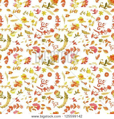 Watercolor Paisley Seamless Background on White. Cold Colors. Indian, Persian or Turkish Art. Vector Handdrawn Pattern.