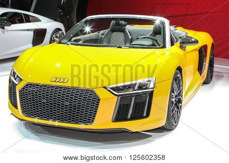 NEW YORK - March 23: A Audi R8 Spyder at the 2016 New York International Auto Show during Press day,  public show is running from March 25th through April 3, 2016 in New York, NY.