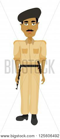 Indian police man with arms in a brown dress. vector illustration