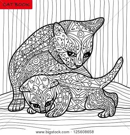 Cat mother and her kitten - coloring book for adults - zentangle cat book hand drawn vector illustration