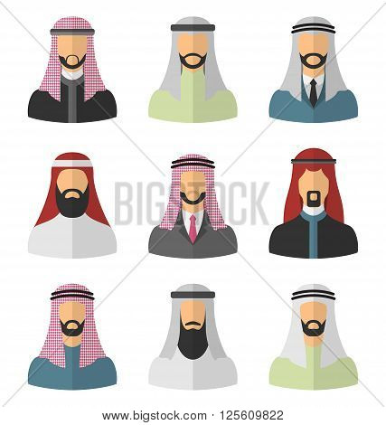 Illustration Set Arabic Men, Heads and Headscarf, Portraits, Traditional Clothing in Arab Countries, Flat Icons - Vector