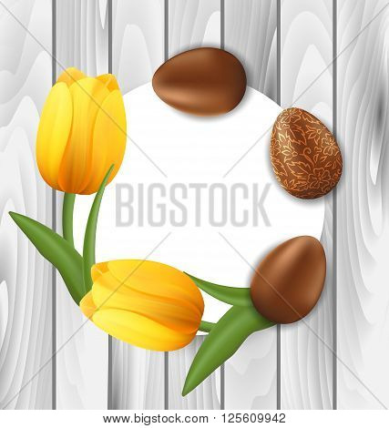 Illustration Greeting Card with Easter Chocolate Ornamental Eggs and Yellow Tulips Flowers on Wooden Background - vector