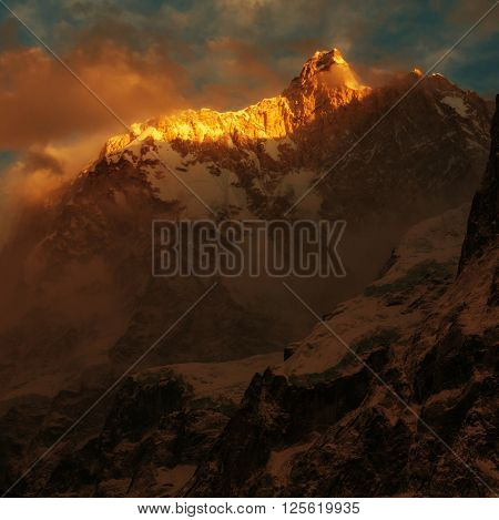 Scenic view of Jannu peak, Kanchenjunga Region, Himalayas, Nepal.