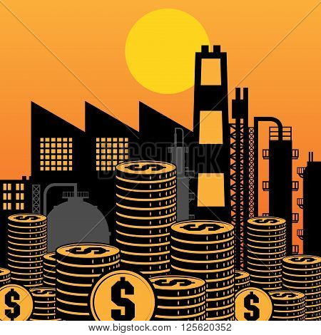 Oil refinery silhouette at sunset, vector illustration