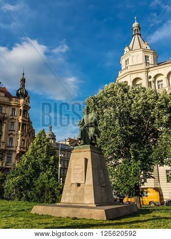 Prague Czech Republic - May 11 2014: Statue of Alois Jirasek at Jiraskovo namesti the Jirasek square Nove Mesto the new town Prague Czech Republic Europe.
