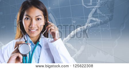 Asian doctor holding her stethoscope against image of a dna