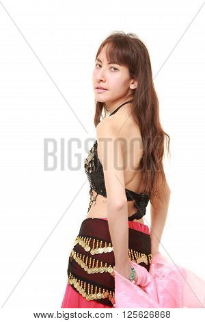 studio shot of belly dancer on white background