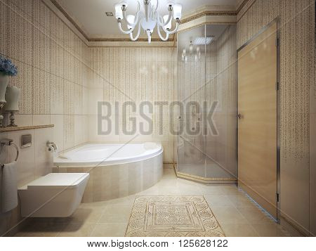 Expensive bathroom with , marble tiled walls. 3d render