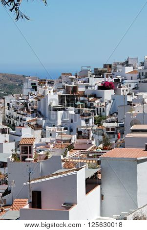 View over town rooftops looking South towards the Mediterranean sea Torrox Malaga Province Andalucia Spain Western Europe.