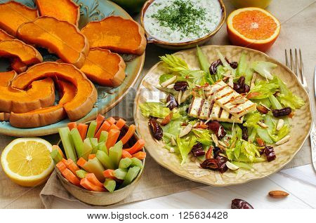 Healthy Lunch Salad, Tzatziki And Baked Pumpkin