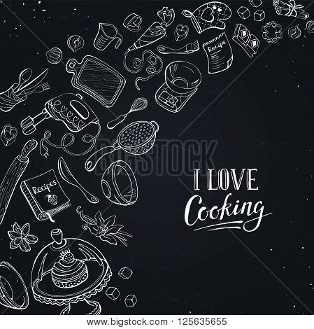 Baking utensils in doodle style. I love cooking poster hand drawn on chalk board.