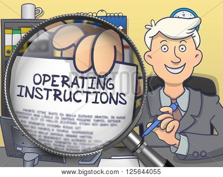 Businessman in Office Showing Paper with Operating Instructions. Closeup View through Magnifying Glass. Multicolor Doodle Style Illustration.