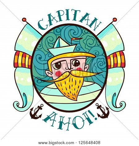 Seaman Illustration with a lighthouse in the style of an old tattoo. Lovable Captain Ahoi salty seas with a beard and mustache paper boats and flags. Printing on T-shirt bag poster
