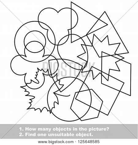 Geometric shapes mishmash set in vector outlined to be colored.  Find all hidden objects on the picture. Visual game for children.