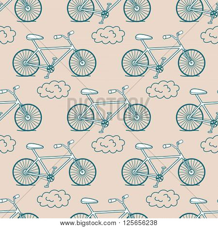 Cartoon style hand drawn bicycle and clouds seamless pattern. Colorfull vector illustration