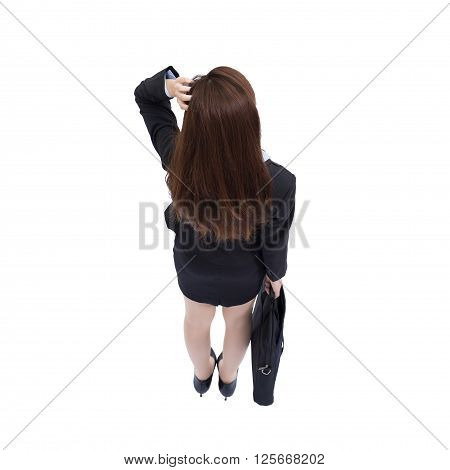 Back view of business woman look white background and carry a suitcase high angle view asian beauty