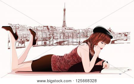 Young pretty girl reading along the Seine river in Paris - Vector illustration
