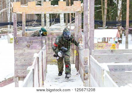 Saint-Petersburg, Russia - February 21, 2016: Big annual paintball scenario game 'Day M' in Snaker club