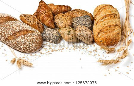 Group of different types of bread and cereals isolated on white background.