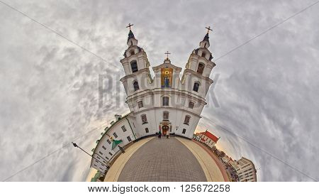 Fish-eye Bended Panorama of Holy-Spirit Cathedral, Main landmark of Minsk, Belarus