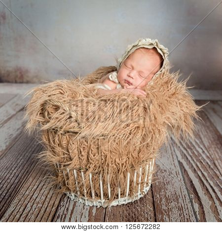 sleepy infant in basket with blanket like weat and hat on wooden floor