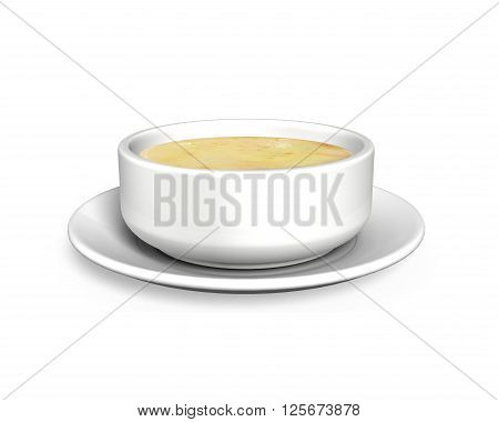 Soup bowl with tray front view isolated on white background 3D illustration.