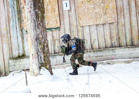 Saint-Petersburg, Russia - February 21, 2016: Big annual paintball scenario game 'Day M' in Snaker club