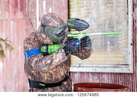 Saint-Petersburg, Russia - February 21, 2016: Big annual paintball scenario game 'Day M' in Snaker club