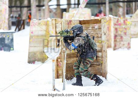 Saint-Petersburg, Russia - February 21, 2016: Big annual paintball scenario game 'Day M' in Snaker club
