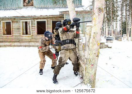Saint-Petersburg, Russia - February 21, 2016: Big annual paintball scenario game 'Day M' in Snaker club