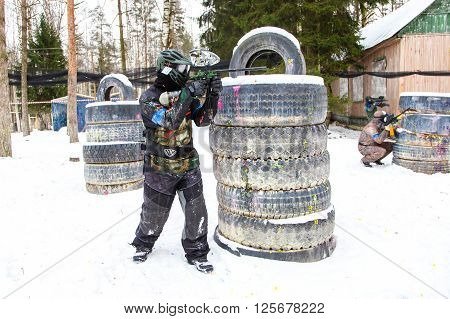 Saint-Petersburg, Russia - February 21, 2016: Big annual paintball scenario game 'Day M' in Snaker club