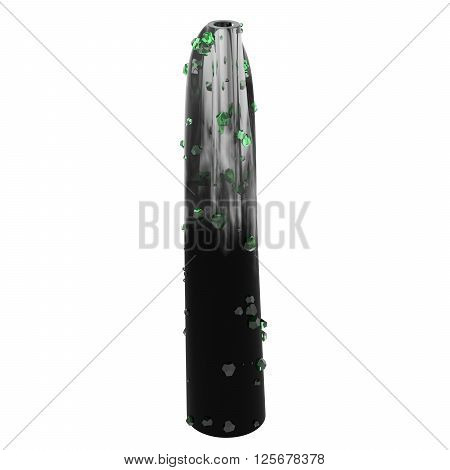 Empty glass vase isolated on white background with green crystals. 3D Illustration