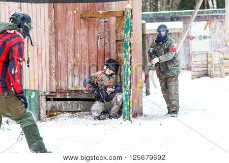 Saint-Petersburg, Russia - February 21, 2016: Big annual paintball scenario game 'Day M' in Snaker club