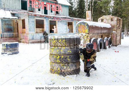 Saint-Petersburg, Russia - February 21, 2016: Big annual paintball scenario game 'Day M' in Snaker club