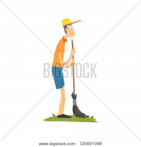 Guy In Glasses Sweeping Flat Isolated Vector Image In Simple Childish Style On White Background